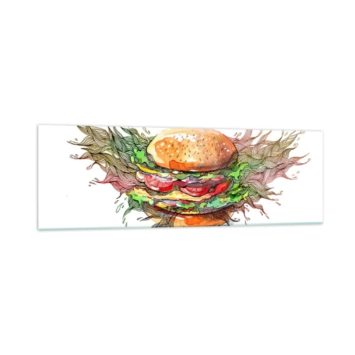 Impression sur verre - Image sur verre - Illustration artistique d'un burger avec des éléments dynamiques - 160x50cm - Tentation chaude - Décoration murale moderne pour le salon et la chambre ARTTOR