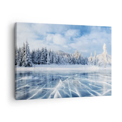 Impression sur toile - Image sur toile - Un lac gelé entouré d'une forêt enneigée - 70x50cm - Vue éblouissante et cristalline - Décoration murale moderne pour le salon et la chambre ARTTOR