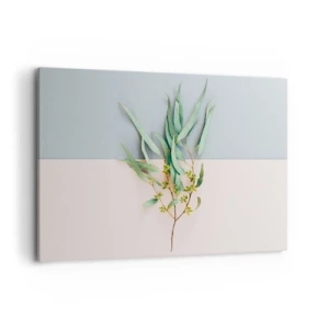 Impression sur toile - Image sur toile - Une branche avec des feuilles sur un fond de tons pastel - 100x70cm - Subtilité pastel - Décoration murale moderne pour le salon et la chambre ARTTOR