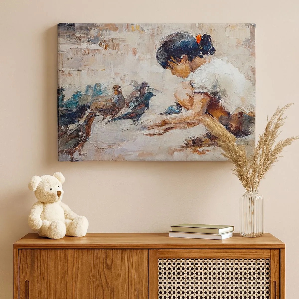 Impression sur toile - Image sur toile - Une fille nourrissant des oiseaux dans un style pictural - 70x50cm - Les plus petits et les plus gentils - Décoration murale moderne pour le salon et la chambre ARTTOR