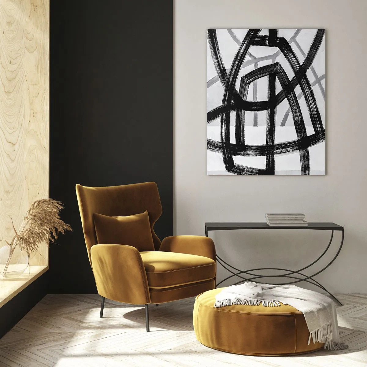 Impression sur verre - Image sur verre - Lignes abstraites noires et blanches se croisant sur un fond clair - 70x100cm - Profondeur du bâtiment - Décoration murale moderne pour le salon et la chambre ARTTOR