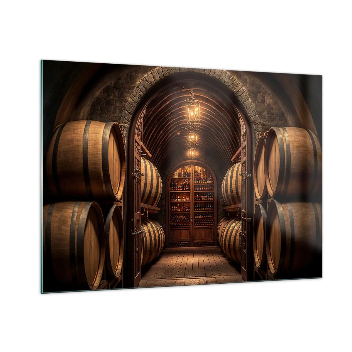 Impression sur verre - Image sur verre - Un vignoble avec des barriques et une cave éclairée pleine de bouteilles - 100x70cm - Cave climatisée - Décoration murale moderne pour le salon et la chambre ARTTOR