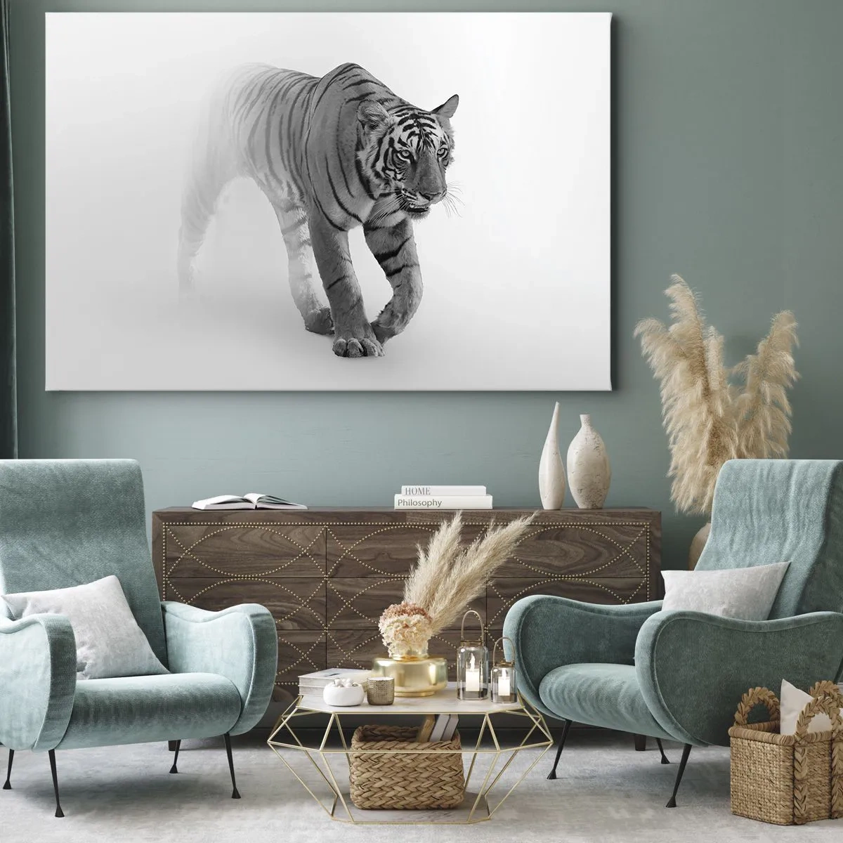 Impression sur toile - Image sur toile - Un tigre émergeant du brouillard - 120x80cm - Accroupi dans le brouillard - Décoration murale moderne pour le salon et la chambre ARTTOR