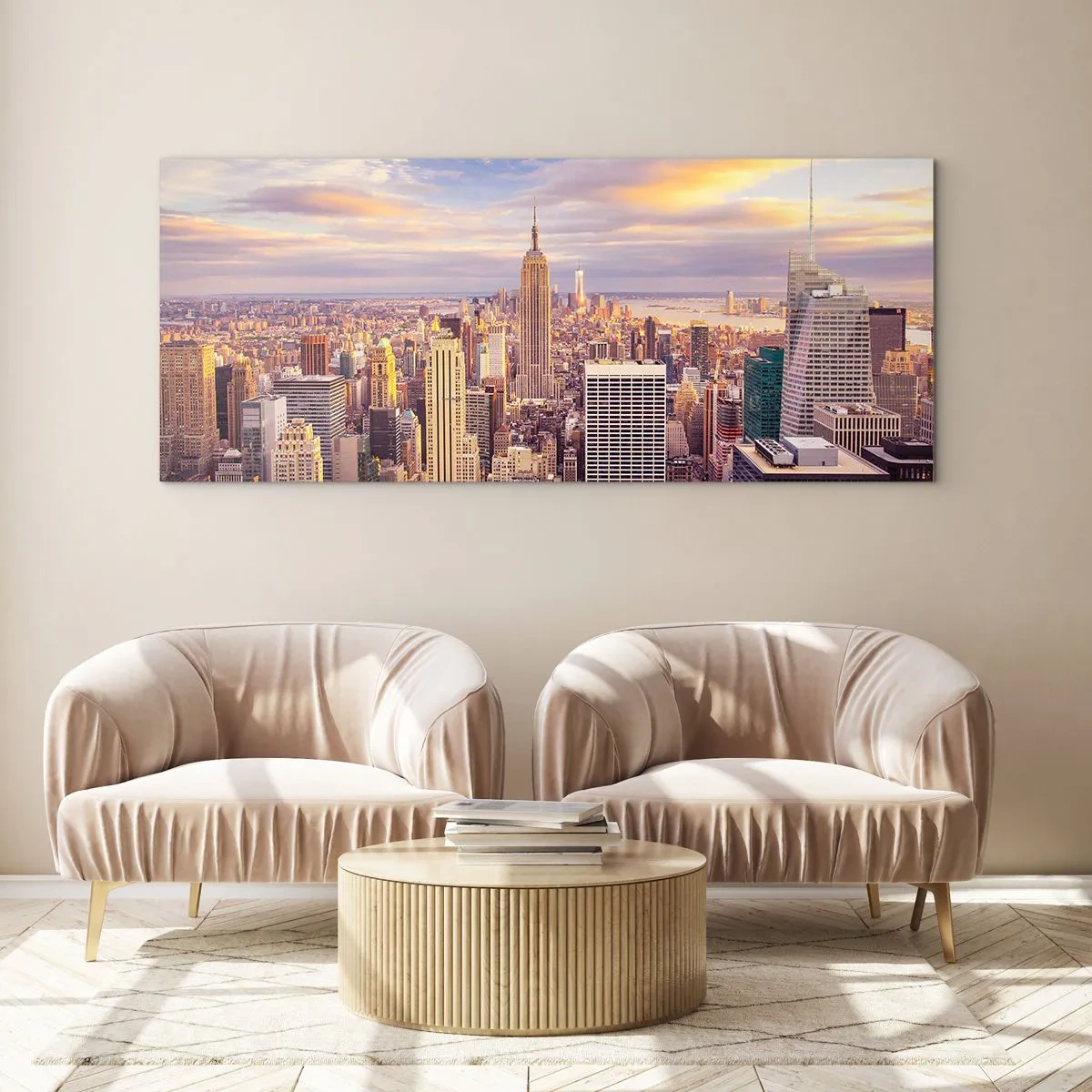 Impression sur verre - Image sur verre - Panorama d'une ville moderne avec des gratte-ciel au coucher du soleil - 160x50cm - Atteindre les nuages