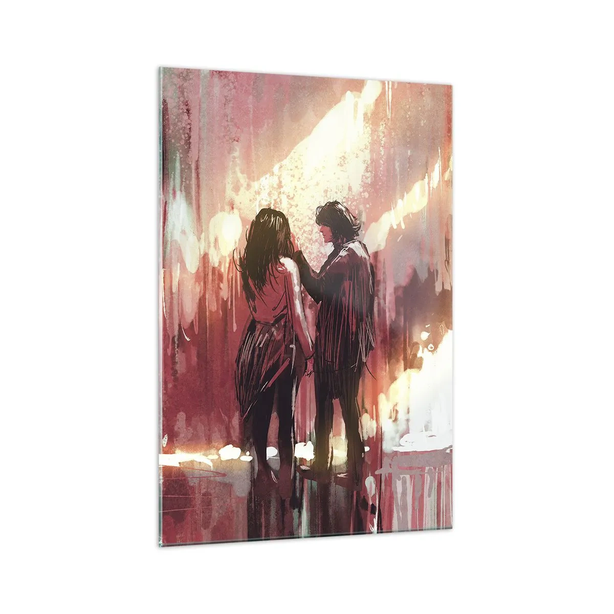 Impression sur verre - Image sur verre - Un couple debout dans une lumière chaude sur fond de motifs abstraits - 70x100cm - L'éternel spectacle de l'amour - Décoration murale moderne pour le salon et la chambre ARTTOR