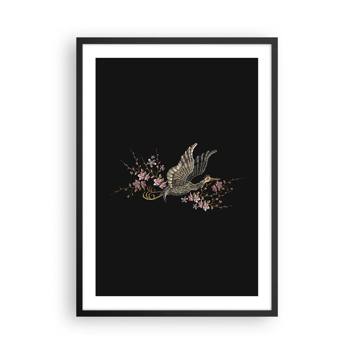 Affiche dans un cadre noir - Poster - Une grue entourée de branches fleuries sur fond noir - 50x70cm - Oiseau brodé exotique - Décoration murale moderne pour le salon et la chambre ARTTOR