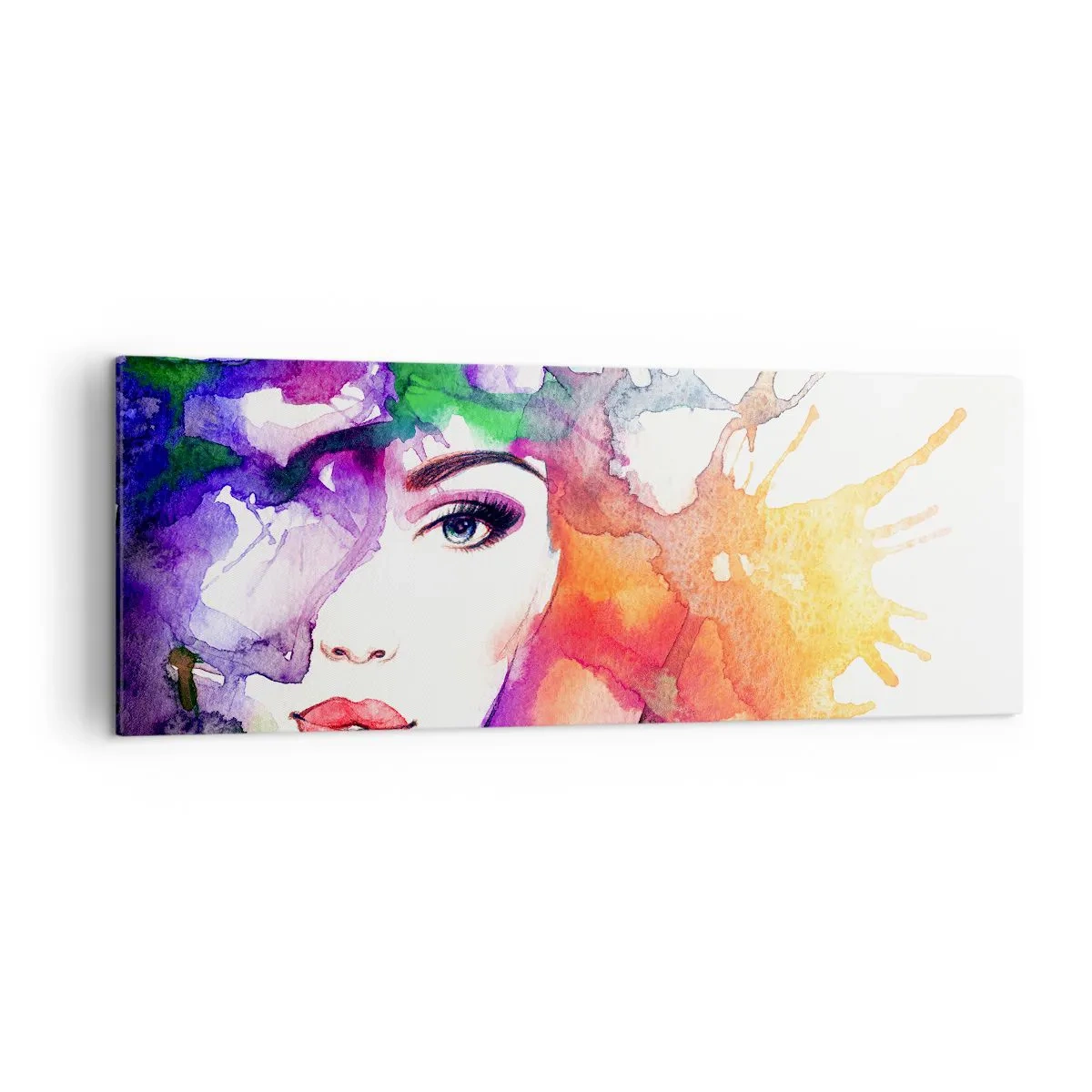 Impression sur toile - Image sur toile - Portrait d'une femme aux couleurs aquarelles avec des taches abstraites - 140x50cm - Avec la tête dans les nuages - Décoration murale moderne pour le salon et la chambre ARTTOR