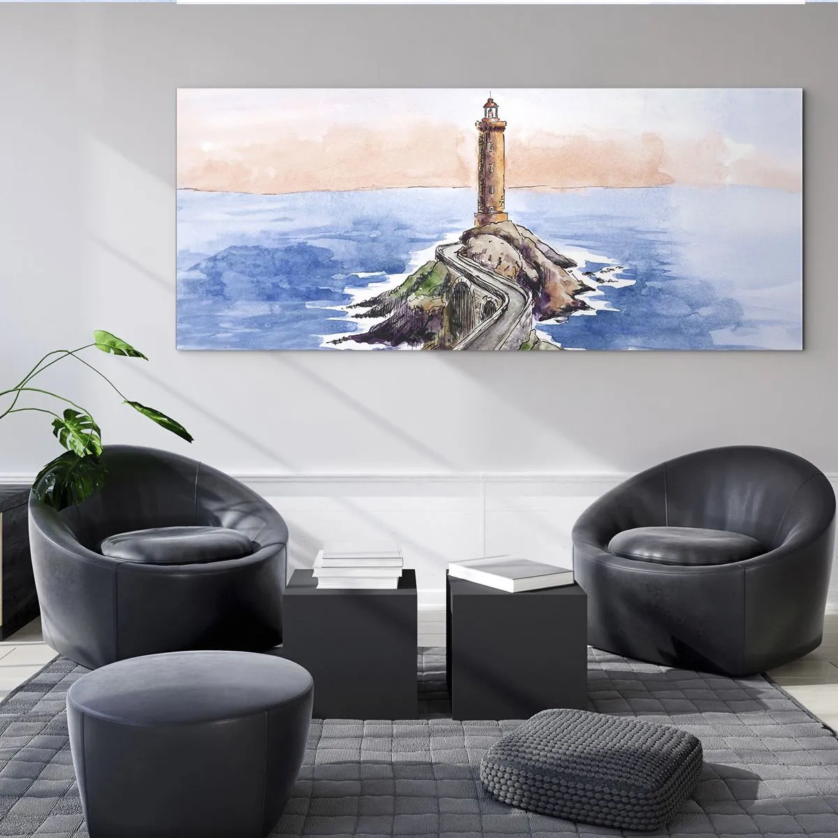 Impression sur verre - Image sur verre - Un phare sur un rivage rocheux - 120x50cm - Face à la mer - Décoration murale moderne pour le salon et la chambre ARTTOR