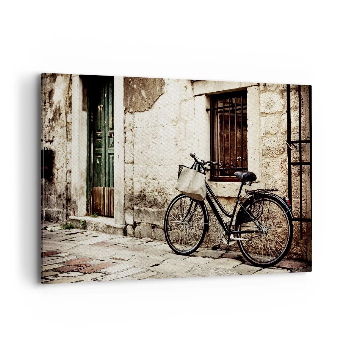 Impression sur toile - Image sur toile - Un vélo contre un mur de pierre avec une fenêtre et une porte de style rétro - 120x80cm - Retour au passé - Décoration murale moderne pour le salon et la chambre ARTTOR