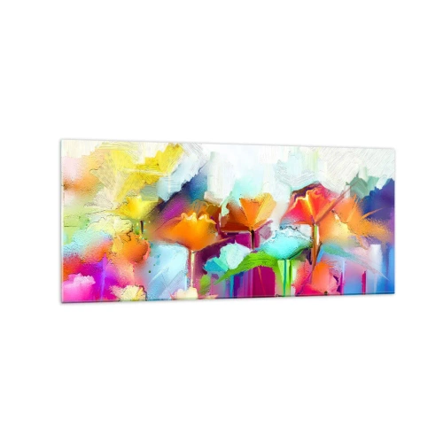 Impression sur verre - Image sur verre - Fleurs colorées abstraites sur fond clair - 120x50cm - L'arc-en-ciel s'est épanoui - Décoration murale moderne pour le salon et la chambre ARTTOR
