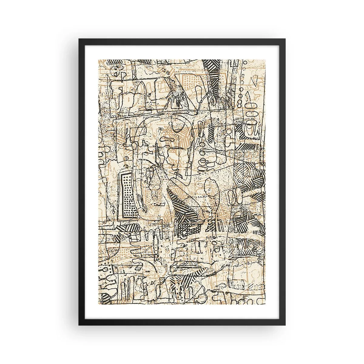 Affiche dans un cadre noir - Poster - Motif géométrique abstrait dans les tons beige et noir - 50x70cm - Il attend d'être décodé - Décoration murale moderne pour le salon et la chambre ARTTOR