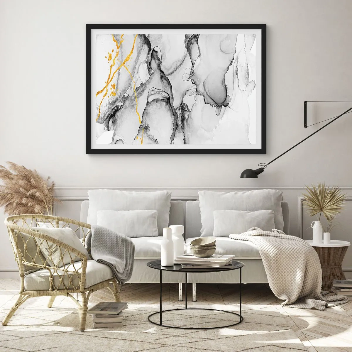 Affiche dans un cadre noir - Poster - Motifs abstraits en noir et blanc avec des accents dorés - 70x50cm - Composition à motif or - Décoration murale moderne pour le salon et la chambre ARTTOR