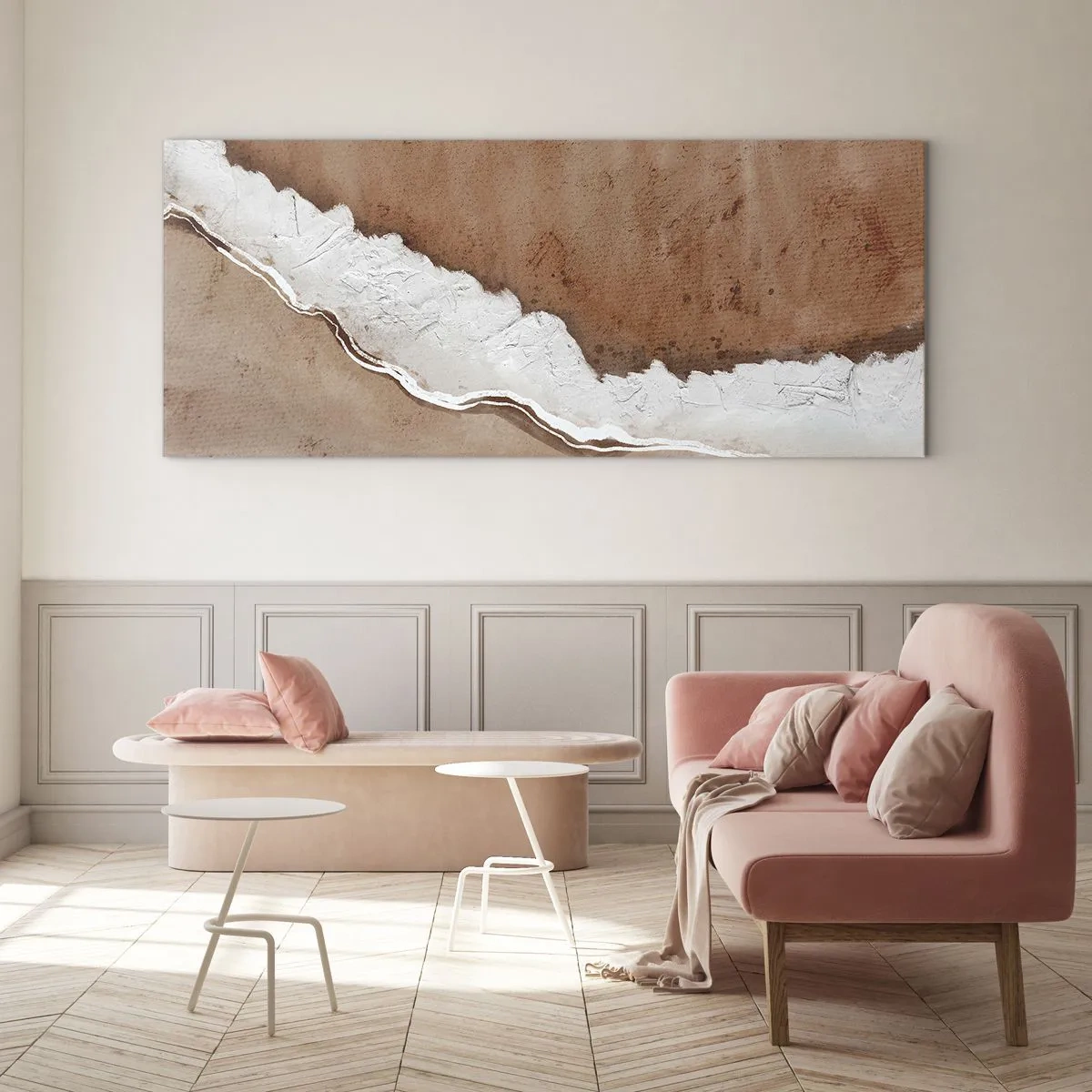 Impression sur verre - Image sur verre - Texture de sable avec des accents blancs - 140x50cm - Dans des couleurs de la terre - Décoration murale moderne pour le salon et la chambre ARTTOR