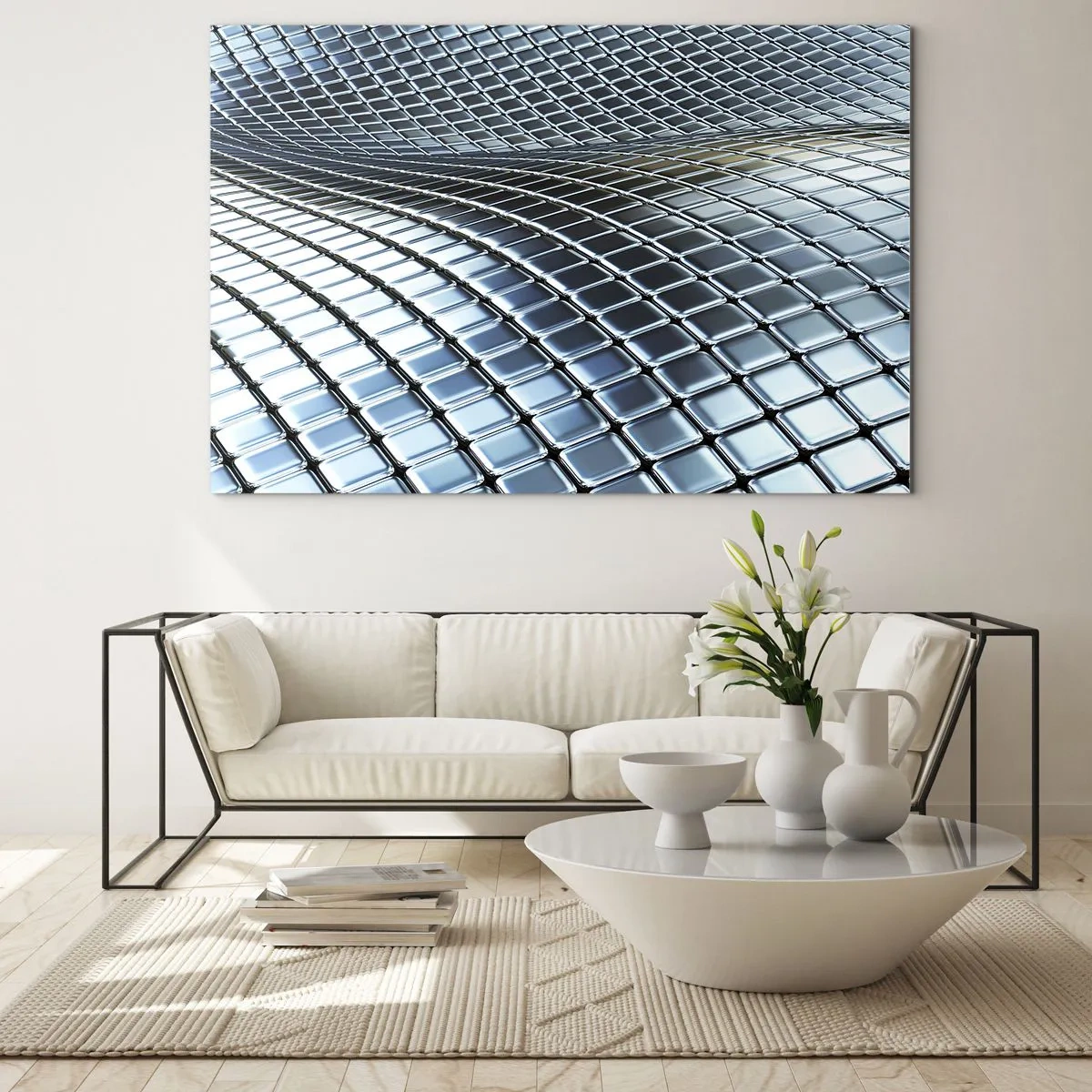 Impression sur verre - Image sur verre - Surface abstraite avec des carrés métalliques brillants - 70x50cm - Vague argent métallique - Décoration murale moderne pour le salon et la chambre ARTTOR