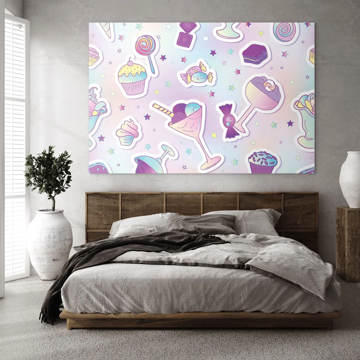 Impression sur verre - Image sur verre - Motif de bonbons colorés sur fond pastel - 70x50cm - Pour que tous les jours soit un anniversaire  - Décoration murale moderne pour le salon et la chambre ARTTOR