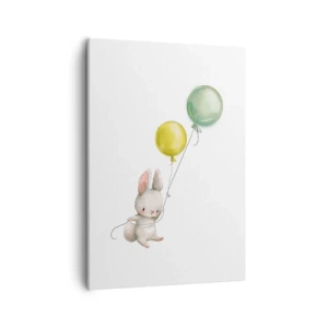 Impression sur toile - Image sur toile - Un lapin tenant des ballons aux couleurs pastel - 50x70cm - Moi aussi je vole! - Décoration murale moderne pour le salon et la chambre ARTTOR