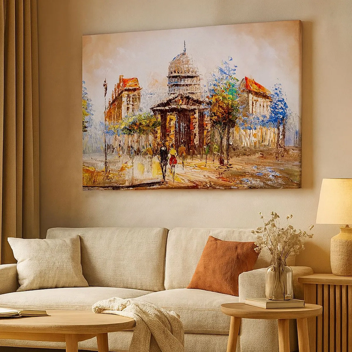 Impression sur toile - Image sur toile - Scène de ville impressionniste avec un bâtiment historique - 70x50cm - Promenade à Paris - Décoration murale moderne pour le salon et la chambre ARTTOR
