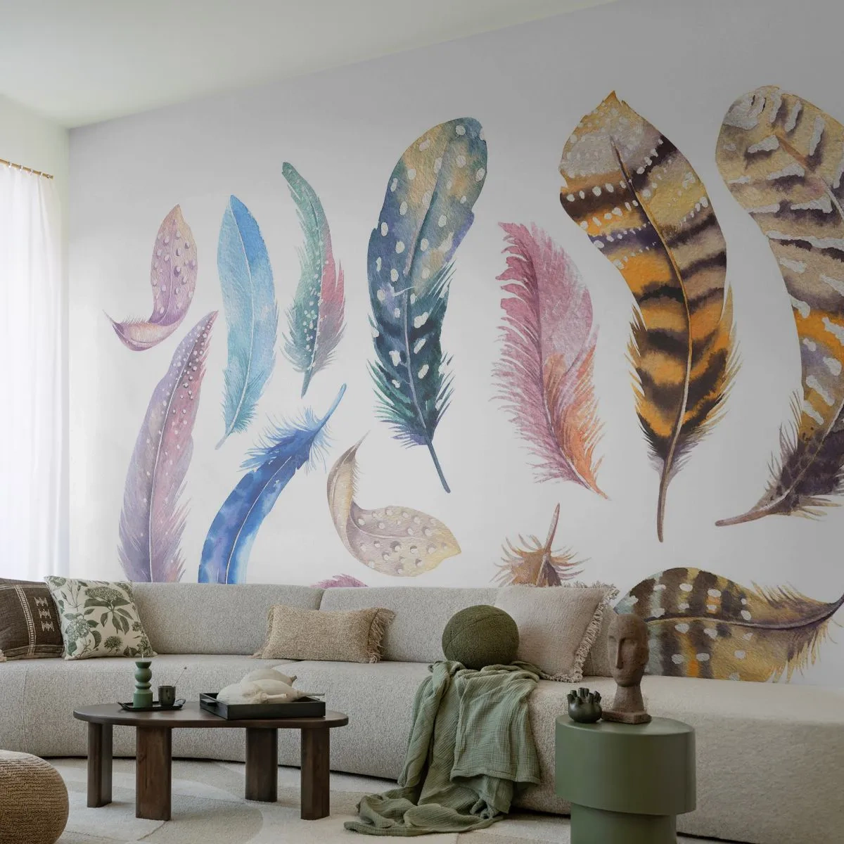 Papier Peint Photo Premium Sand - Léger, bariolé et multicolore - Plumes d'oiseaux, Des oiseaux, Graphique - 200x140 cm