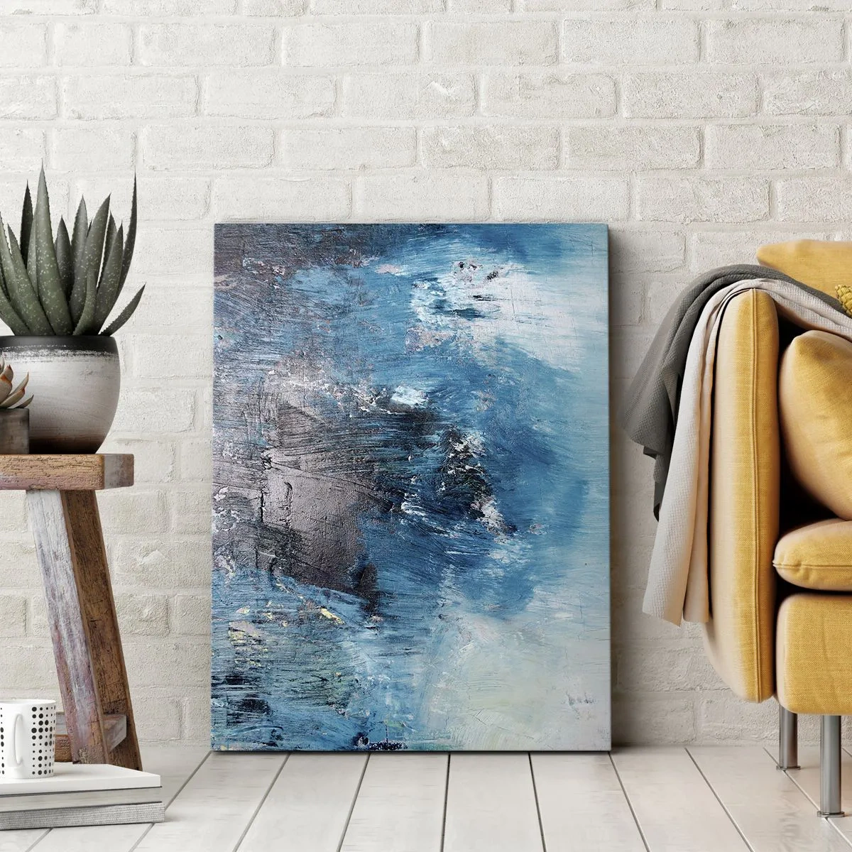Impression sur toile - Image sur toile - Coups de pinceau abstraits dans des tons de bleu - 70x100cm - Rhapsodie en bleu - Décoration murale moderne pour le salon et la chambre ARTTOR