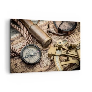 Impression sur toile - Image sur toile - Une boussole, un sextant et un télescope sur fond de vieille carte et de corde nautique. - 100x70cm - Fixer un cap - Décoration murale moderne pour le salon et la chambre ARTTOR