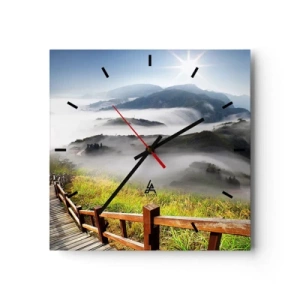 Horloge murale - Pendule murale - Un chemin en bois parmi les montagnes brumeuses le matin - 30x30cm - Tissé d'éblouissement et de brouillard - Décoration murale moderne pour le salon et la chambre ARTTOR