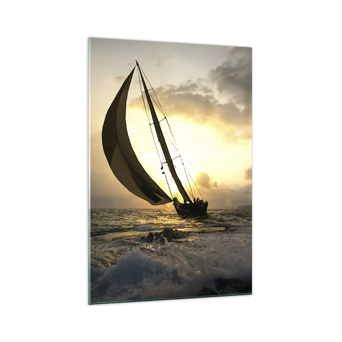 Impression sur verre - Image sur verre - Voiliers en mer au coucher du soleil - 70x100cm - Avec le vent et contre le vent - Décoration murale moderne pour le salon et la chambre ARTTOR