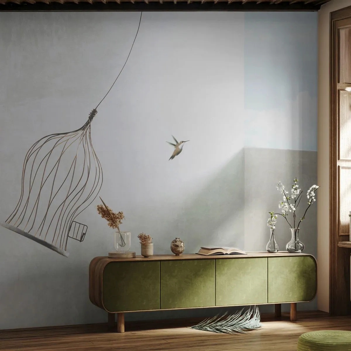 Papier Peint Photo Premium Sand - Un colibri en vol avec une cage ouverte contre le ciel - 100x70cm - Dans son élément - Décoration murale moderne pour le salon et la chambre ARTTOR