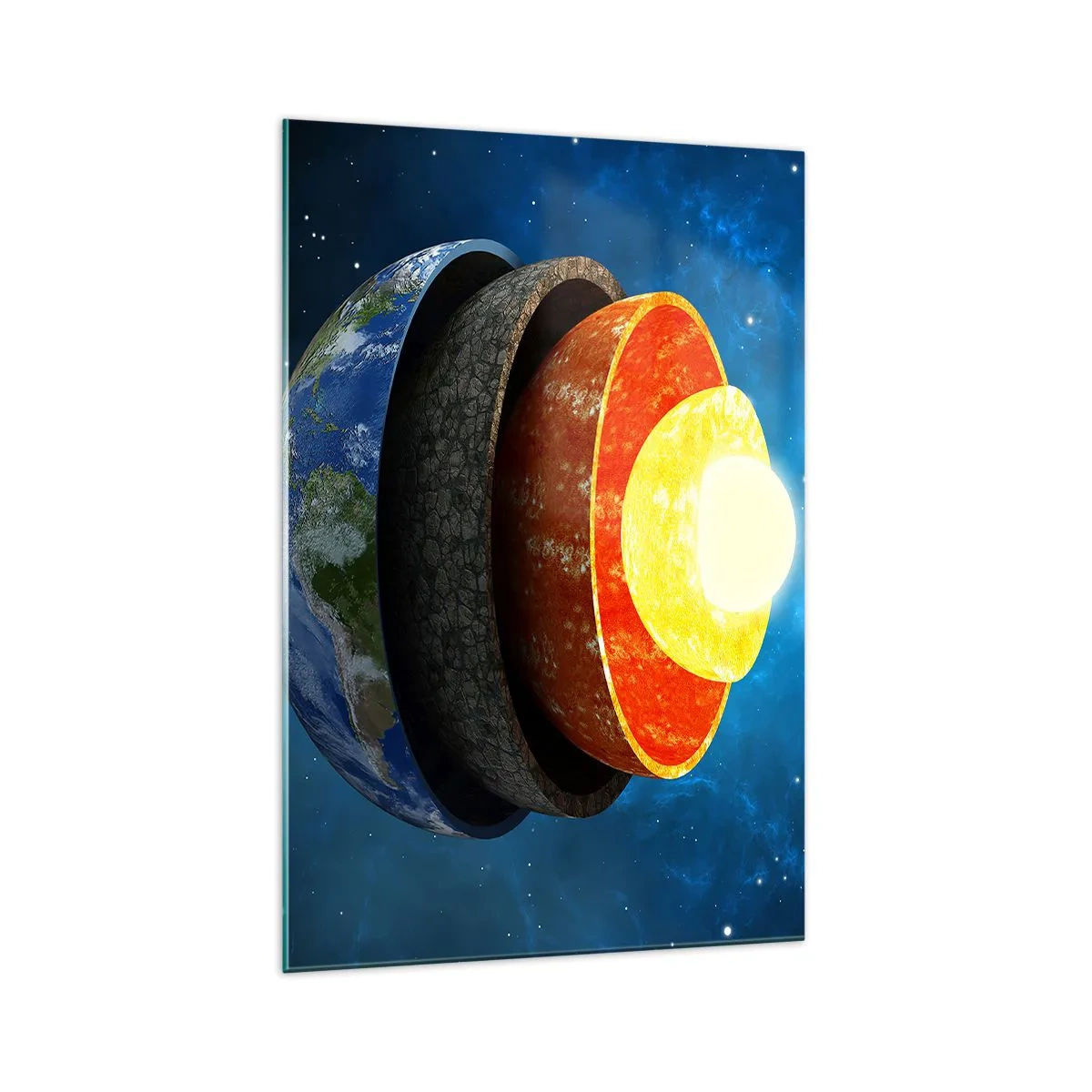 Impression sur verre - Image sur verre - Une coupe transversale de la Terre montrant ses couches dans l'espace. - 70x100cm - Voyage au centre de la terre - Décoration murale moderne pour le salon et la chambre ARTTOR