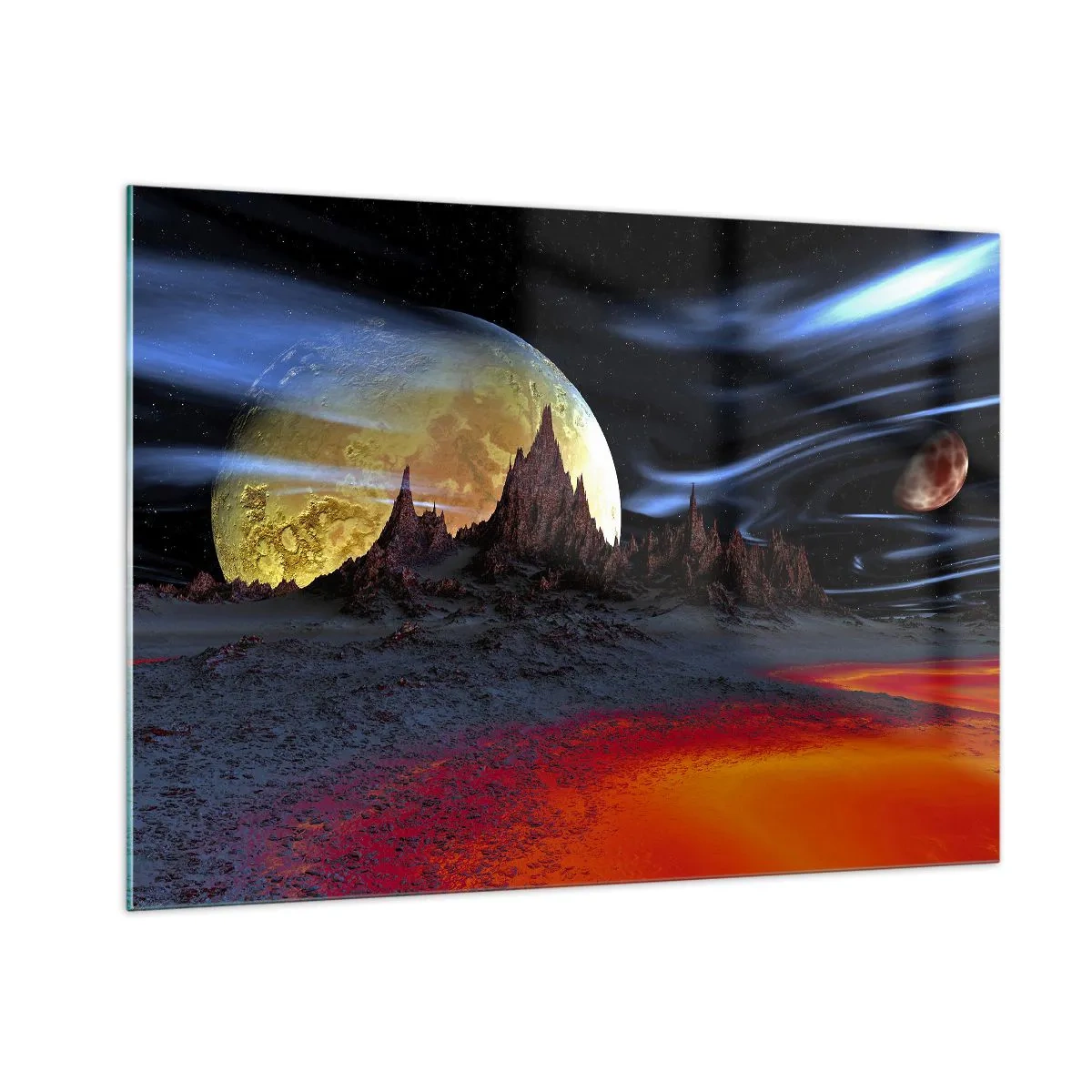 Impression sur verre - Image sur verre - Paysage extraterrestre avec une planète et un ciel coloré - 100x70cm - Monde inconnu - Décoration murale moderne pour le salon et la chambre ARTTOR