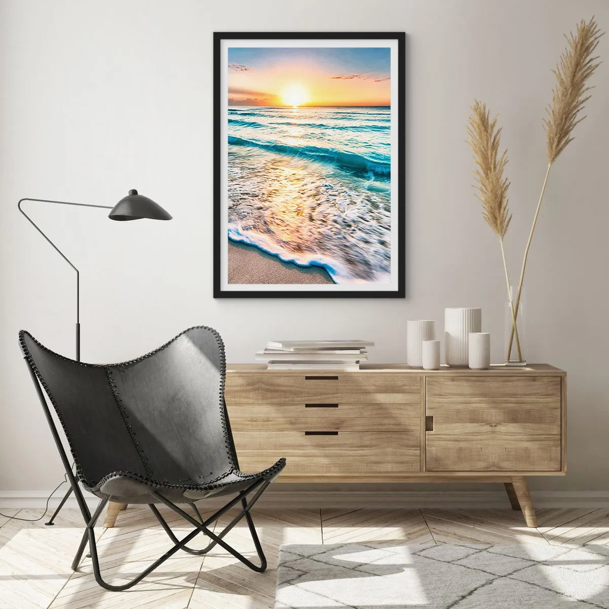 Affiche dans un cadre noir - Poster - Coucher de soleil sur une mer calme avec des vagues - 50x70cm - Une vue qui en vaut la peine - Décoration murale moderne pour le salon et la chambre ARTTOR