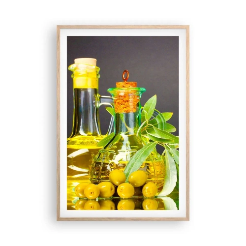 Affiche dans un chêne clair - Poster - Nature morte aux olives et à l'huile d'olive - 61x91 cm