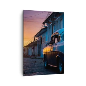 Impression sur toile - Image sur toile - Voiture et vélo rétro dans la rue à la lumière du soleil couchant - 70x100cm - Ici, le temps ralentit - Décoration murale moderne pour le salon et la chambre ARTTOR
