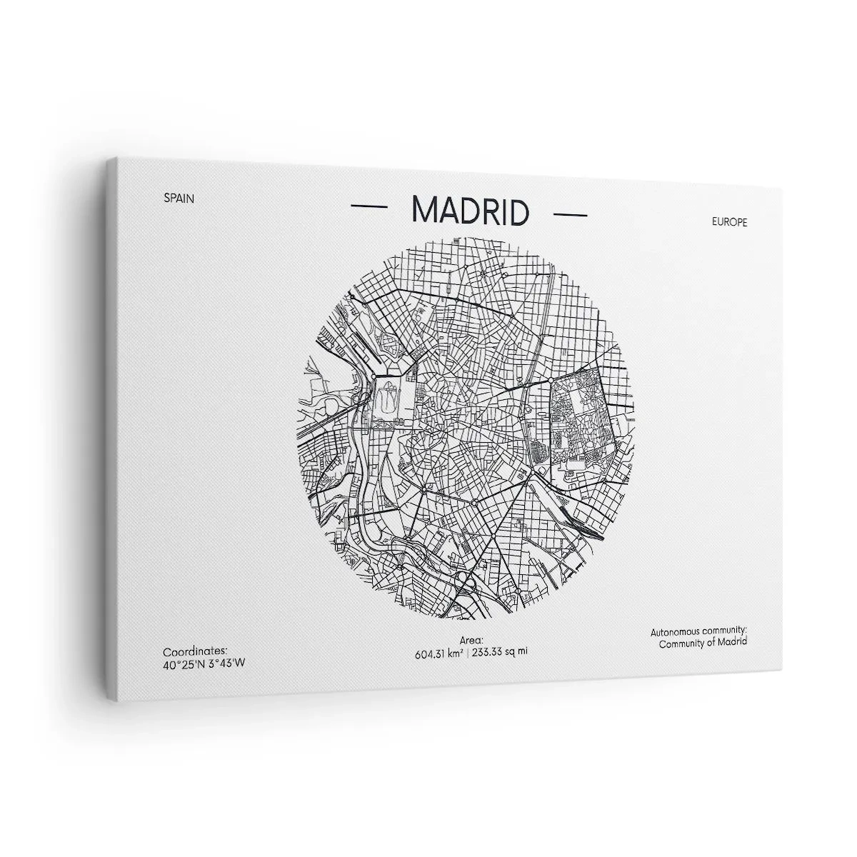 Impression sur toile - Image sur toile - Carte de Madrid dans un style minimaliste en noir et blanc - 70x50cm - Anatomie de Madrid - Décoration murale moderne pour le salon et la chambre ARTTOR