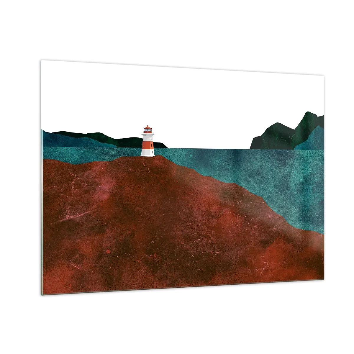Impression sur verre - Image sur verre - Un phare sur fond de mer turquoise et de falaises rouges - 100x70cm - En regardant la mer - Décoration murale moderne pour le salon et la chambre ARTTOR