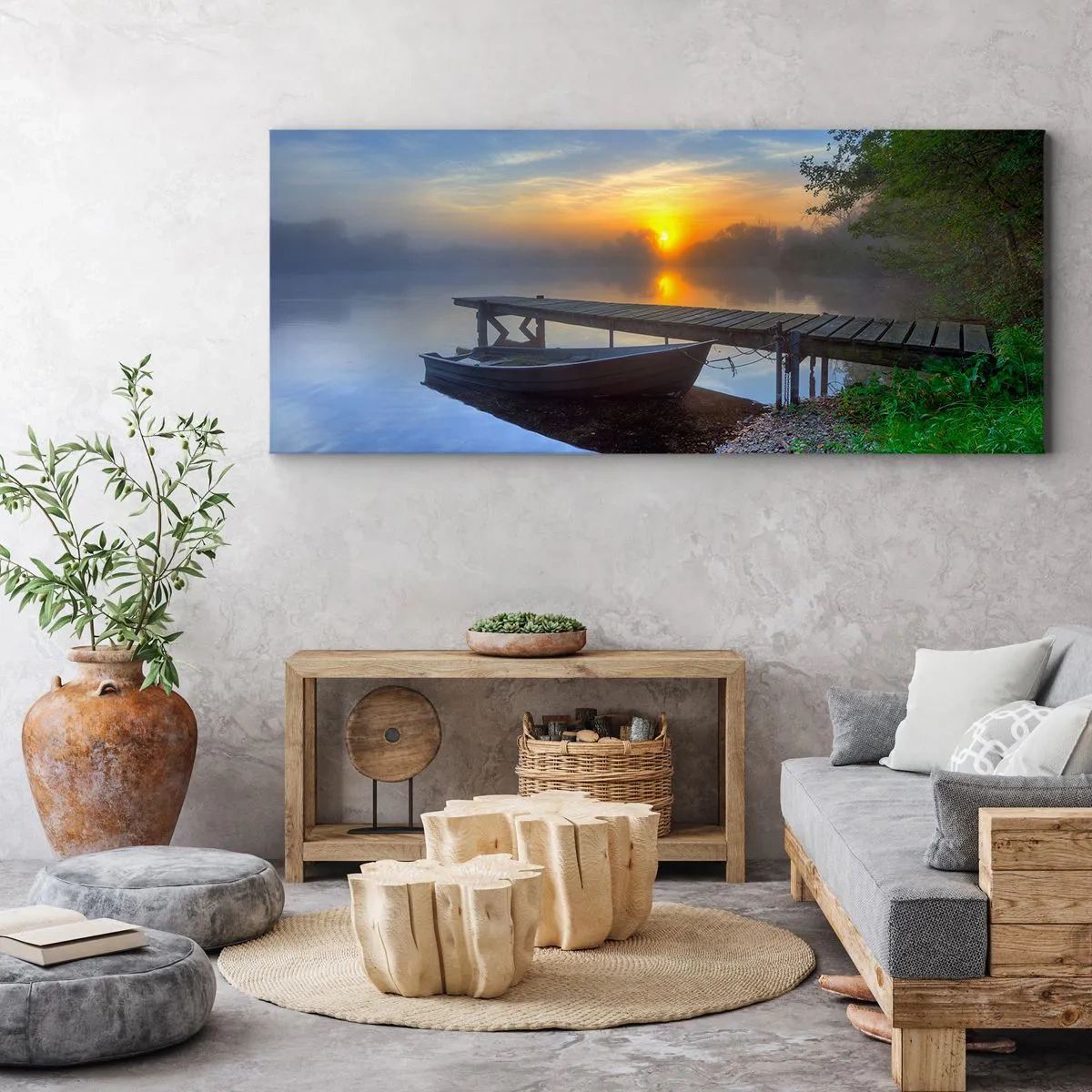 Impression sur toile - Image sur toile - Une jetée au bord du lac au lever du soleil avec un bateau sur le rivage - 160x50cm - Comment l'ordinaire se transforme en magie - Décoration murale moderne pour le salon et la chambre ARTTOR