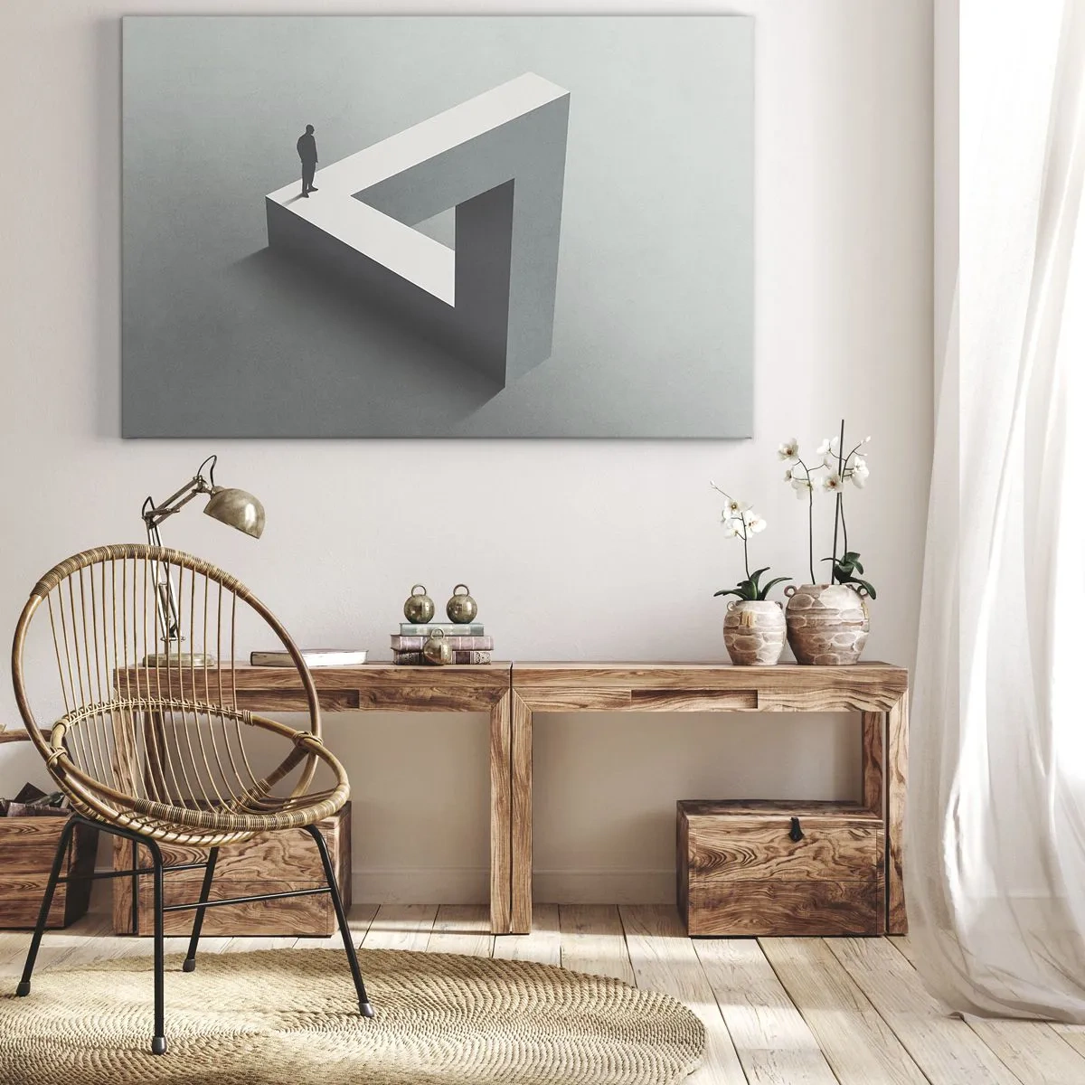 Impression sur toile - Image sur toile - Une figure debout sur un triangle de Penrose dans des tons de gris. - 100x70cm - Mais c'est possible - Décoration murale moderne pour le salon et la chambre ARTTOR