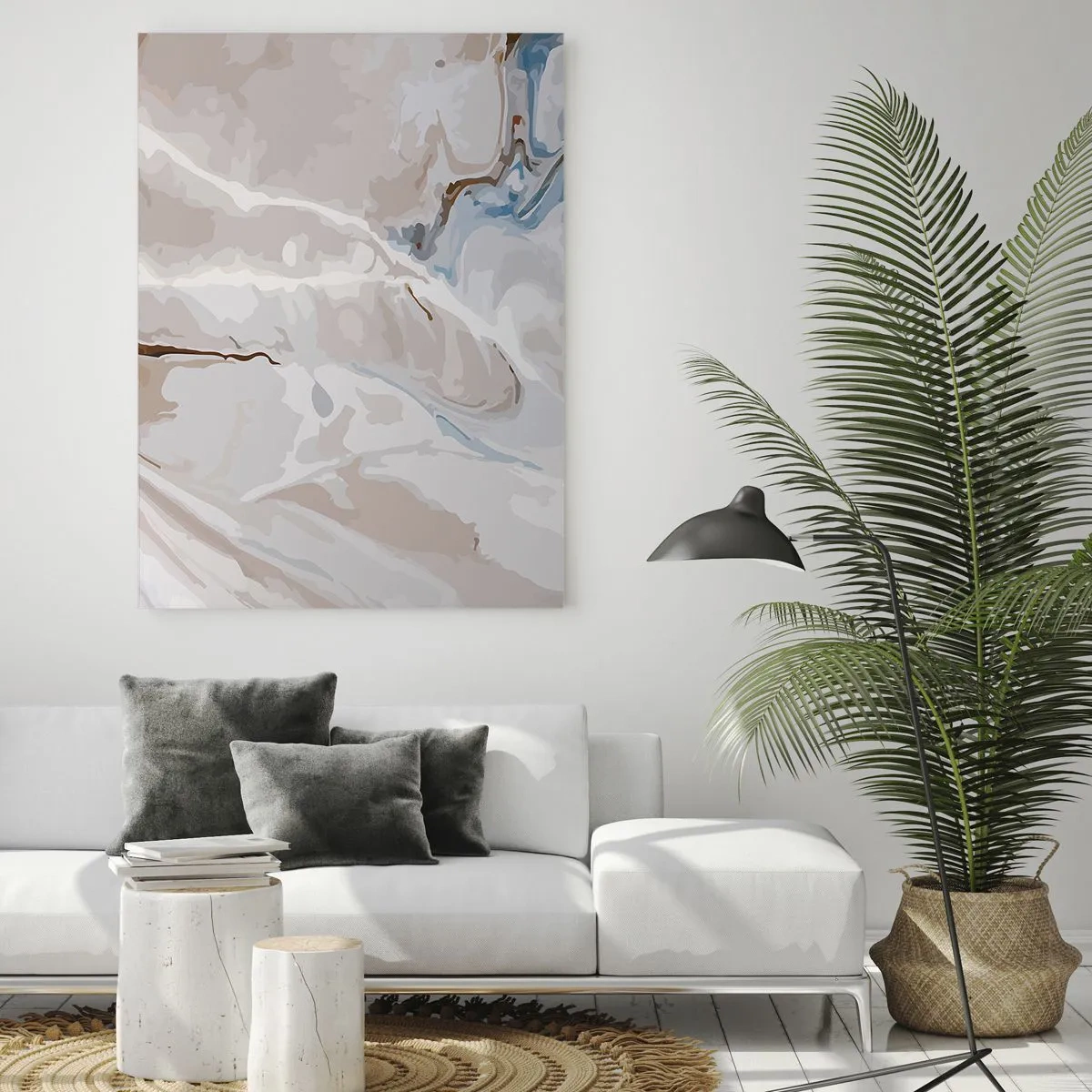 Impression sur verre - Image sur verre - Motif artistique dans des tons neutres avec des accents de bleu - 50x70cm - Le bleu serpente sous le blanc - Décoration murale moderne pour le salon et la chambre ARTTOR