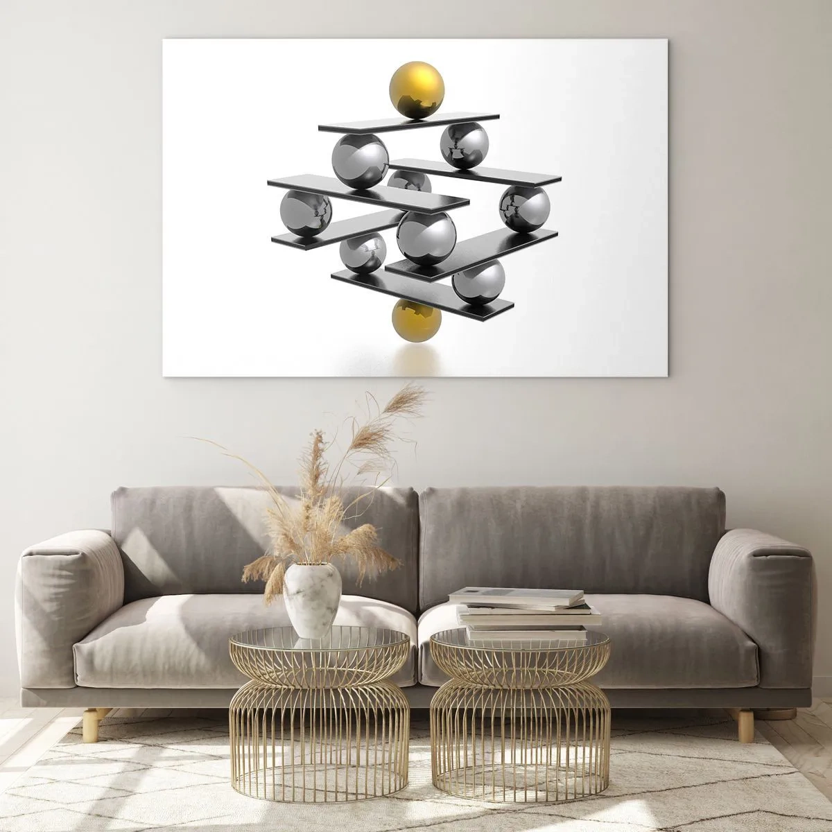 Impression sur verre - Image sur verre - Composition géométrique avec des boules et des plateformes sur fond blanc - 100x70cm - Balance d'or et d'argent - Décoration murale moderne pour le salon et la chambre ARTTOR
