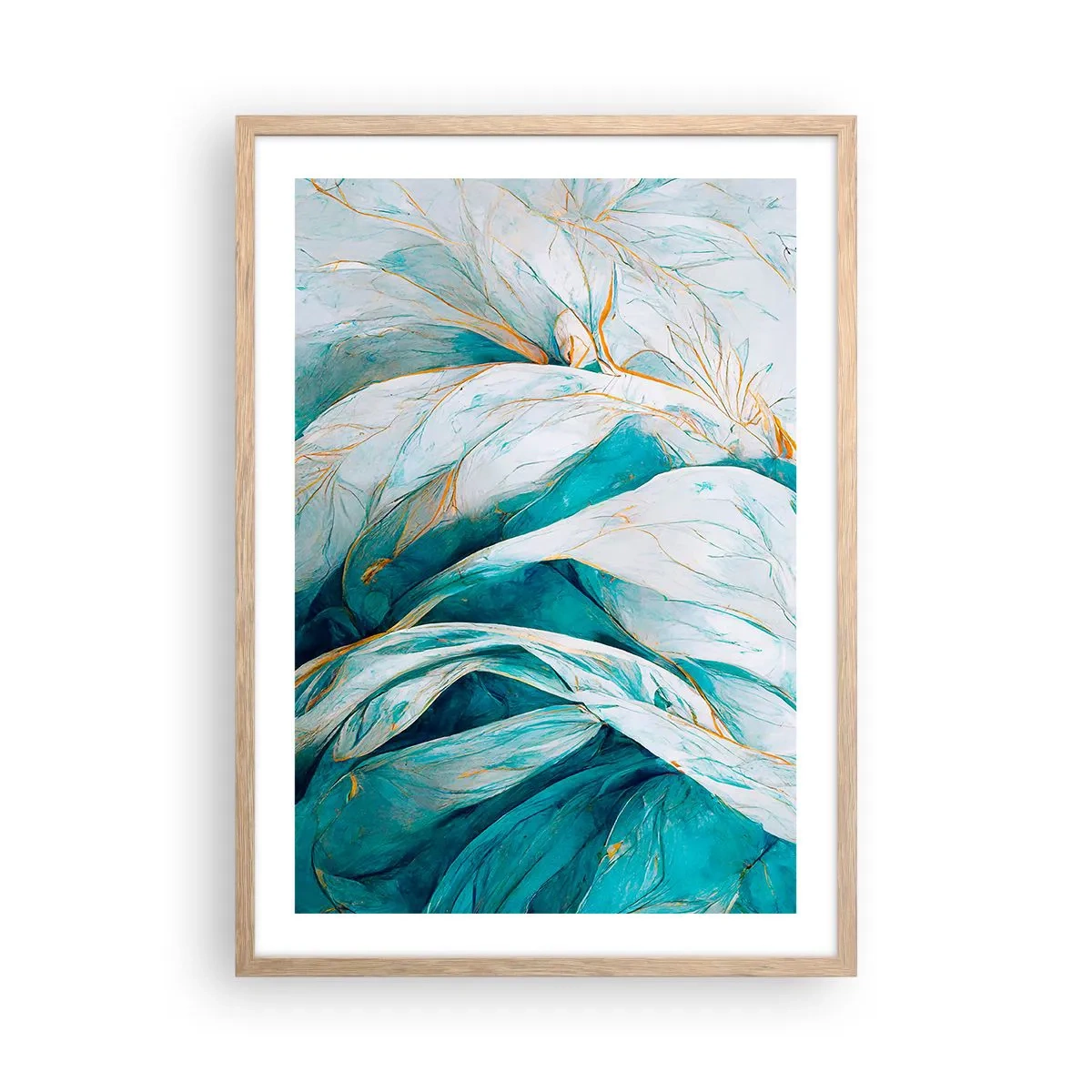 Affiche dans un chêne clair - Poster - Abstraction bleue avec un motif doré - 50x70 cm