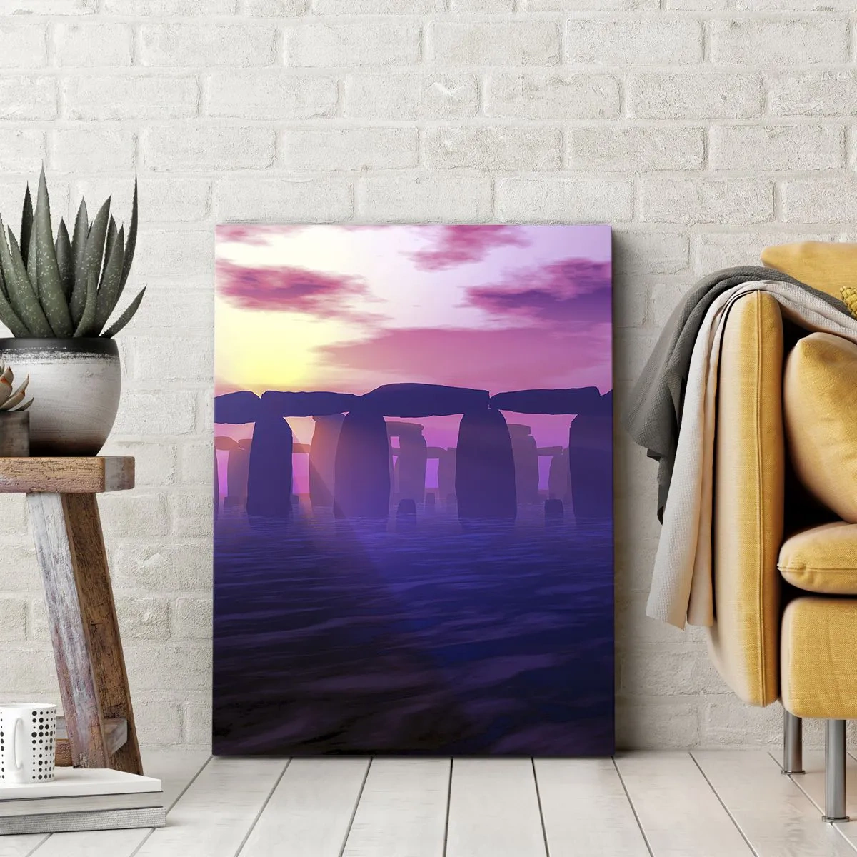 Impression sur toile - Image sur toile - Cercle de pierres au coucher du soleil avec un ciel violet - 80x120cm - Mystère à l'aube dans le brouillard - Décoration murale moderne pour le salon et la chambre ARTTOR