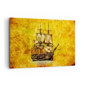 Impression sur toile - Image sur toile - Un dessin stylisé d'un voilier sur fond doré avec une touche vintage. - 120x80cm - En direction de l'ile de la tortue ! - Décoration murale moderne pour le salon et la chambre ARTTOR