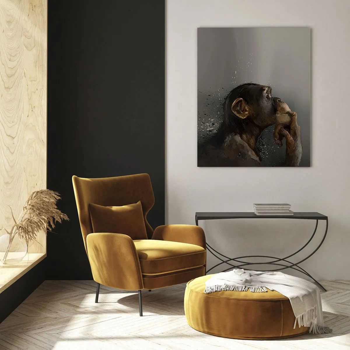 Impression sur verre - Image sur verre - Portrait d'un singe dans une pose réfléchissante sur fond gris - 80x120cm - Certainement un penseur - Décoration murale moderne pour le salon et la chambre ARTTOR