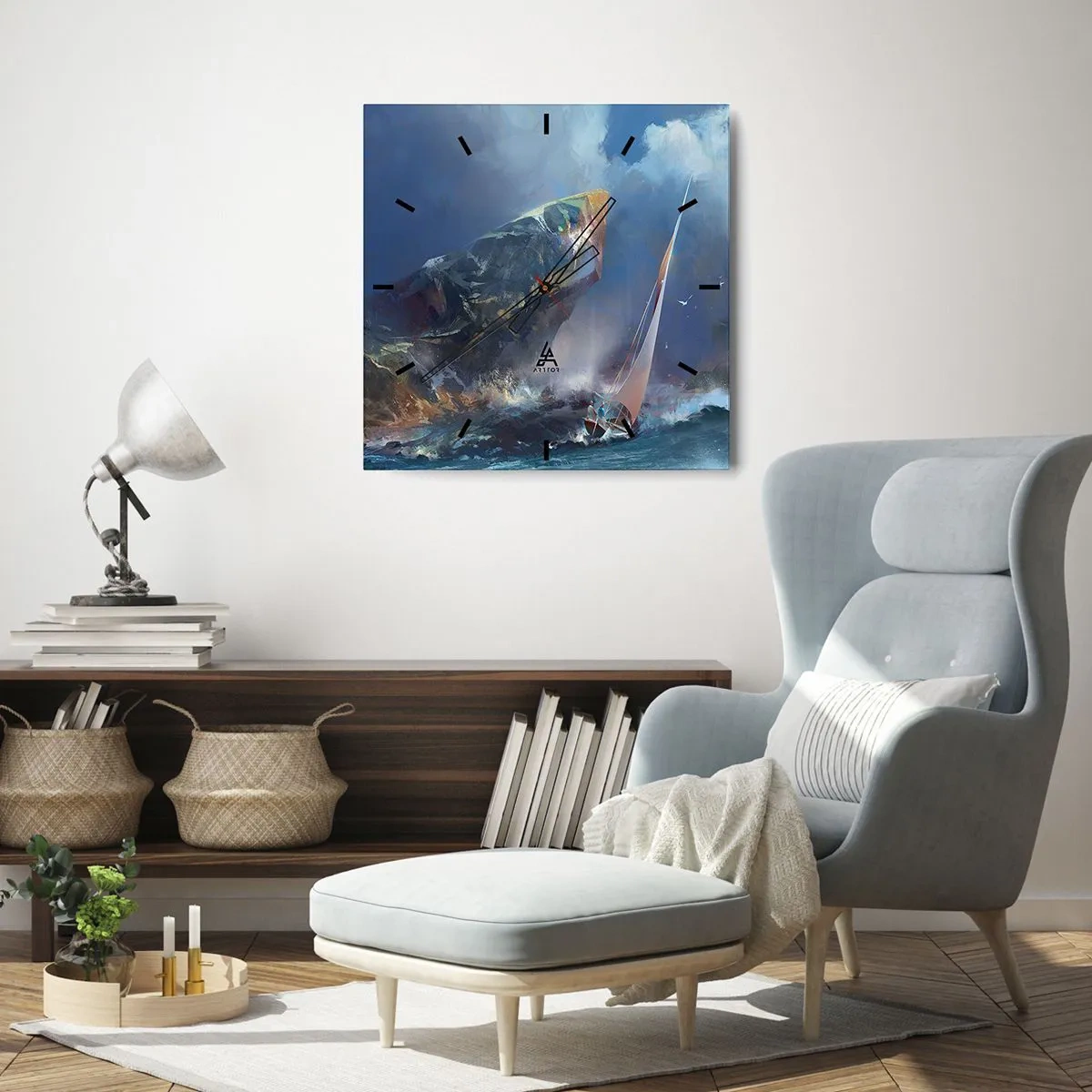 Horloge murale - Pendule murale - Un voilier dans une tempête au pied d'un rocher massif - 30x30cm - Celui qui est courageux, gagne - Décoration murale moderne pour le salon et la chambre ARTTOR