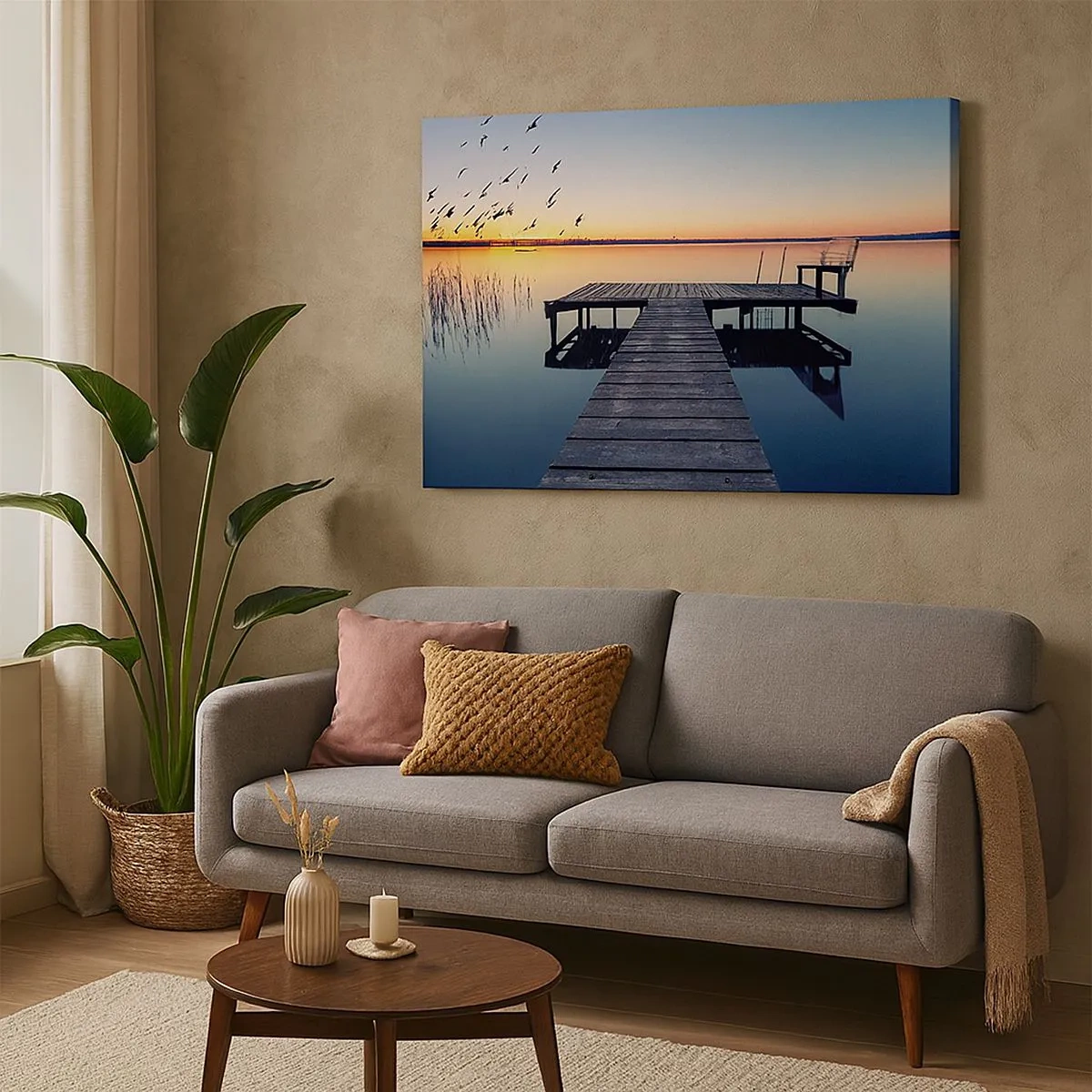 Impression sur toile - Image sur toile - Jetée en bois sur un lac au lever du soleil avec des oiseaux - 70x50cm - C'était une bonne journée - Décoration murale moderne pour le salon et la chambre ARTTOR