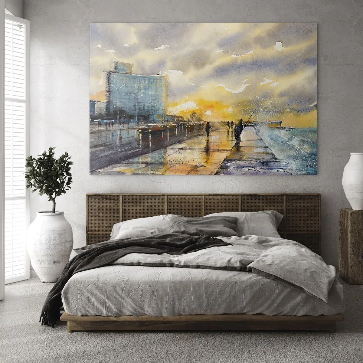 Impression sur verre - Image sur verre - Aquarelle d'une ville balnéaire avec coucher de soleil - 120x80cm - La vie sur le rivage - Décoration murale moderne pour le salon et la chambre ARTTOR