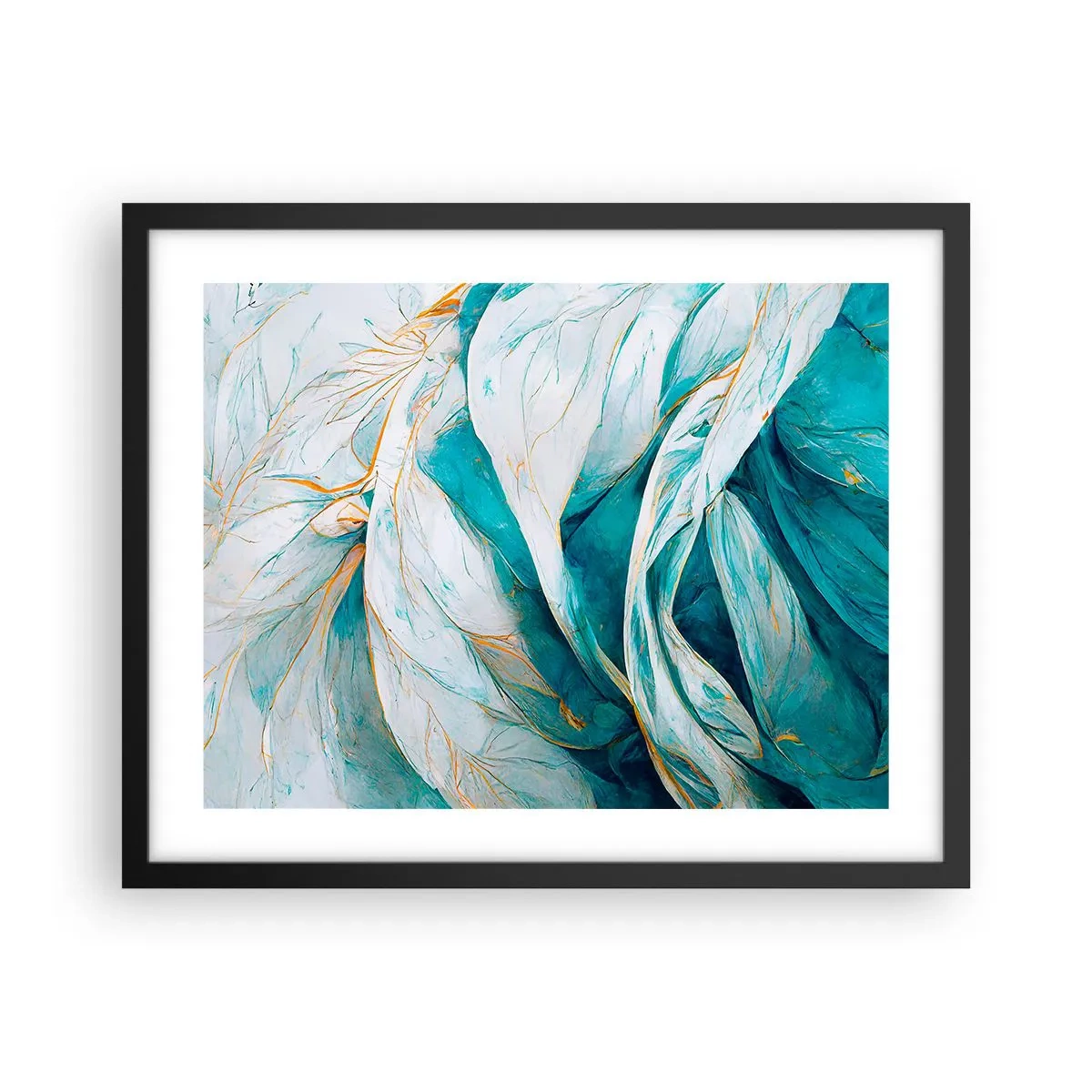 Affiche dans un cadre noir - Poster - Abstraction bleue avec un motif doré - 50x40 cm