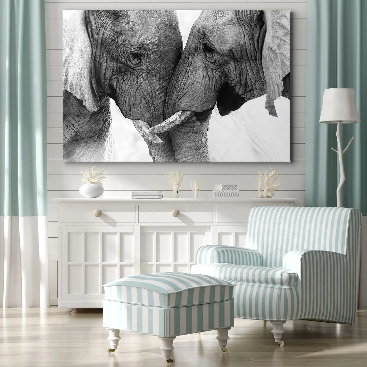 Impression sur toile - Image sur toile - Deux éléphants dans un geste tendre sur un fond monochrome - 100x70cm - Confession sincère - Décoration murale moderne pour le salon et la chambre ARTTOR