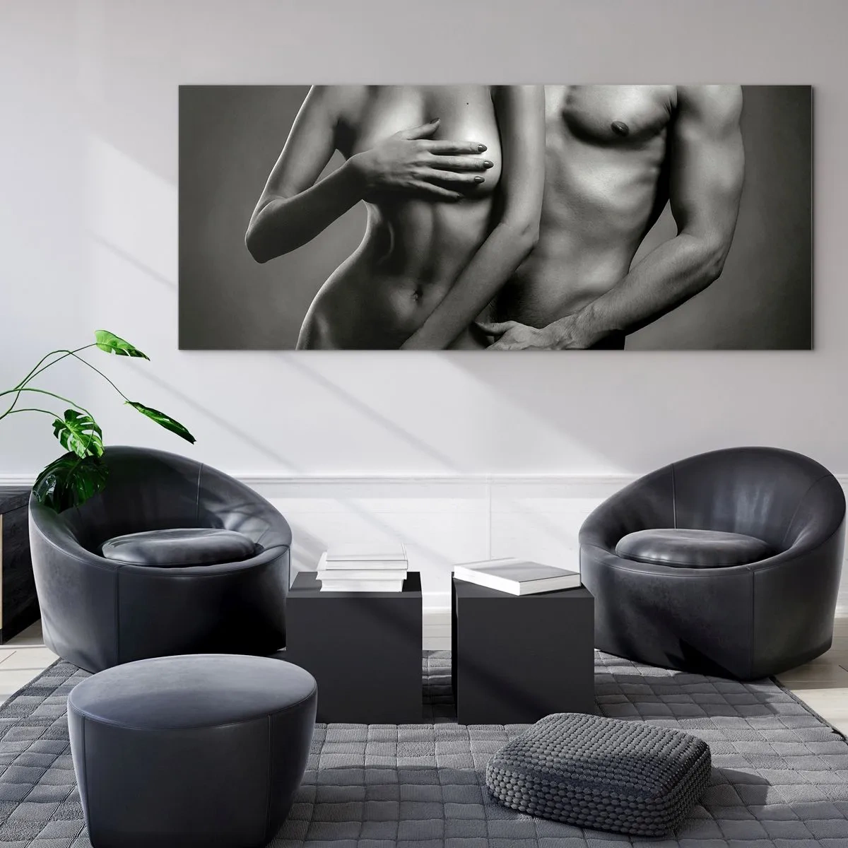 Impression sur verre - Image sur verre - Représentation en noir et blanc de corps féminins et masculins dans une pose artistique - 160x50cm - Adam et Eve - Décoration murale moderne pour le salon et la chambre ARTTOR