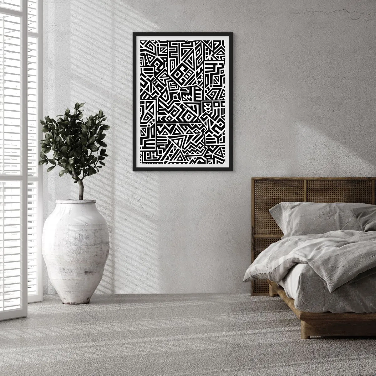 Affiche dans un cadre noir - Poster - Motif géométrique noir et blanc dans un style artistique - 50x70cm - Composition précolombienne - Décoration murale moderne pour le salon et la chambre ARTTOR