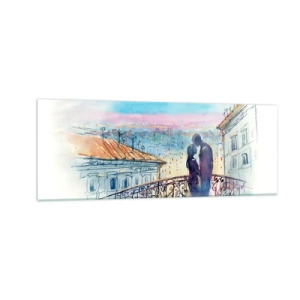 Impression sur verre - Image sur verre - Couple romantique sur un balcon avec vue sur la ville - 140x50cm - Amoureux de Paris - Décoration murale moderne pour le salon et la chambre ARTTOR